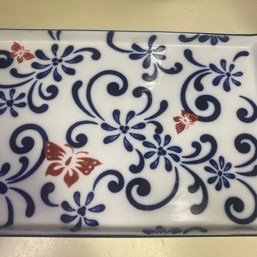 Pier 1 Butterfly Blossom Hand Painted Glass Porcelain Serving Tray Platter - Picture 4 of 11
